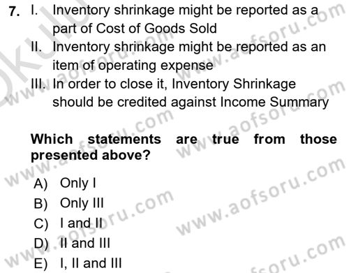 Accounting 1 Dersi 2020 - 2021 Yılı Yaz Okulu Sınav Soruları 7. Soru