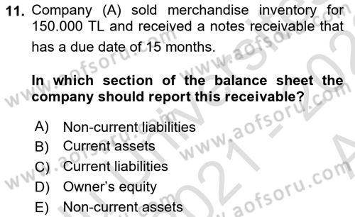 Accounting 1 Dersi 2021 - 2022 Yılı (Vize) Ara Sınav Soruları 11. Soru