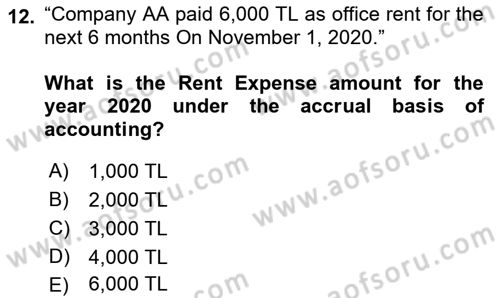 Accounting 1 Dersi 2021 - 2022 Yılı (Vize) Ara Sınav Soruları 12. Soru