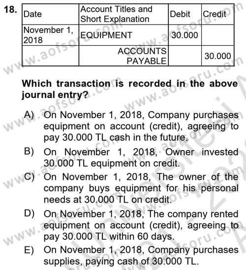 Accounting 1 Dersi 2021 - 2022 Yılı (Vize) Ara Sınav Soruları 18. Soru