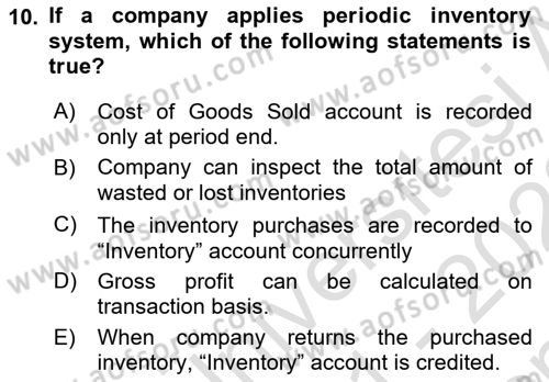Accounting 1 Dersi 2021 - 2022 Yılı (Final) Dönem Sonu Sınav Soruları 10. Soru