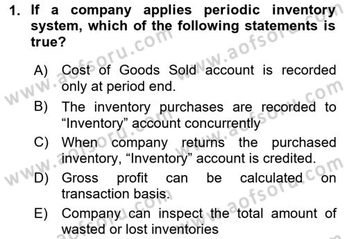 Accounting 1 Dersi 2021 - 2022 Yılı Yaz Okulu Sınavı 1. Soru