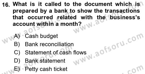 Accounting 1 Dersi 2021 - 2022 Yılı Yaz Okulu Sınavı 16. Soru