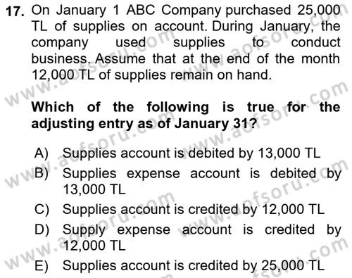 Accounting 1 Dersi 2021 - 2022 Yılı Yaz Okulu Sınavı 17. Soru