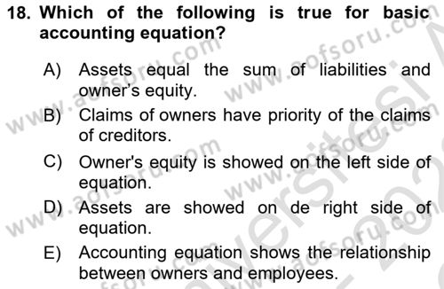 Accounting 1 Dersi 2021 - 2022 Yılı Yaz Okulu Sınavı 18. Soru