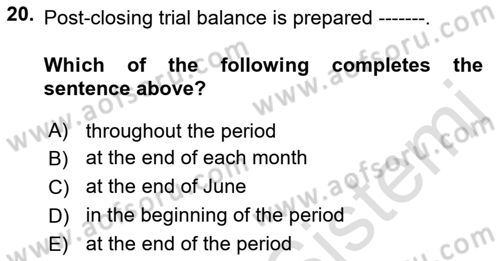 Accounting 1 Dersi 2021 - 2022 Yılı Yaz Okulu Sınavı 20. Soru