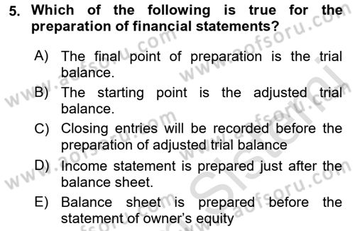 Accounting 1 Dersi 2022 - 2023 Yılı (Vize) Ara Sınav Soruları 5. Soru
