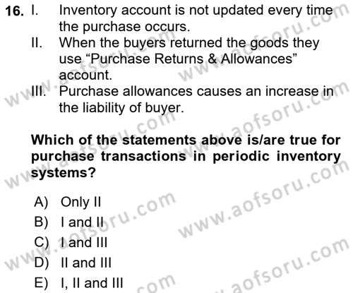 Accounting 1 Dersi 2022 - 2023 Yılı (Final) Dönem Sonu Sınav Soruları 16. Soru