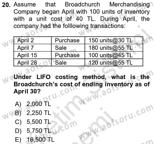 Accounting 1 Dersi 2022 - 2023 Yılı (Final) Dönem Sonu Sınav Soruları 20. Soru