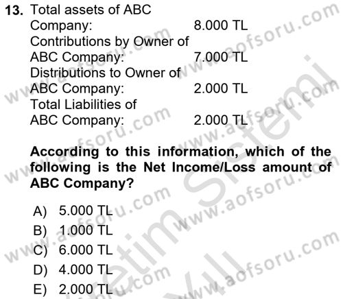Accounting 1 Dersi 2022 - 2023 Yılı Yaz Okulu Sınav Soruları 13. Soru