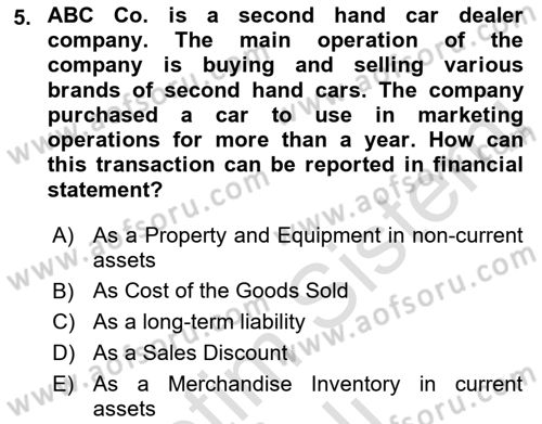 Accounting 1 Dersi 2022 - 2023 Yılı Yaz Okulu Sınav Soruları 5. Soru
