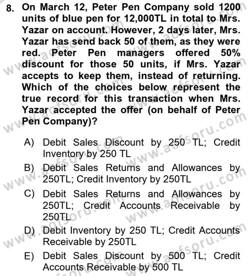 Accounting 1 Dersi 2022 - 2023 Yılı Yaz Okulu Sınavı 8. Soru