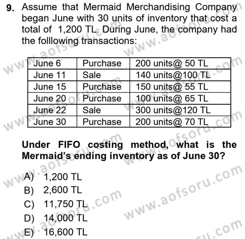 Accounting 1 Dersi 2022 - 2023 Yılı Yaz Okulu Sınav Soruları 9. Soru