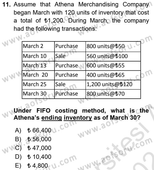 Accounting 1 Dersi 2023 - 2024 Yılı (Final) Dönem Sonu Sınav Soruları 11. Soru