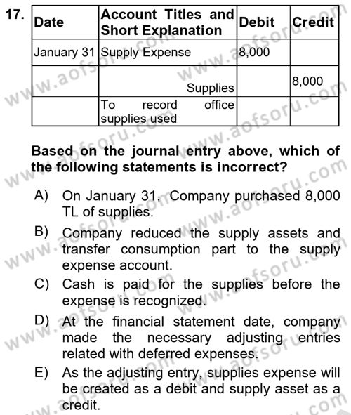 Accounting 1 Dersi 2023 - 2024 Yılı (Final) Dönem Sonu Sınav Soruları 17. Soru