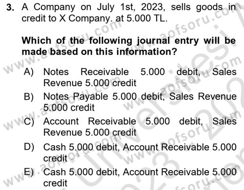 Accounting 1 Dersi 2023 - 2024 Yılı (Final) Dönem Sonu Sınav Soruları 3. Soru