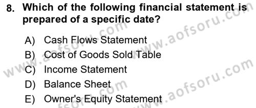 Accounting 1 Dersi 2023 - 2024 Yılı (Final) Dönem Sonu Sınav Soruları 8. Soru