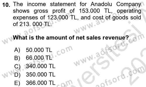 Accounting 1 Dersi 2023 - 2024 Yılı Yaz Okulu Sınavı 10. Soru