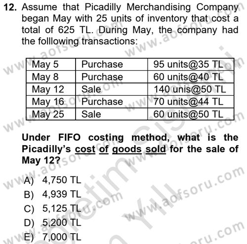 Accounting 1 Dersi 2023 - 2024 Yılı Yaz Okulu Sınav Soruları 12. Soru