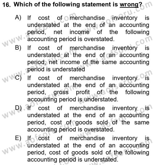 Accounting 1 Dersi 2023 - 2024 Yılı Yaz Okulu Sınav Soruları 16. Soru
