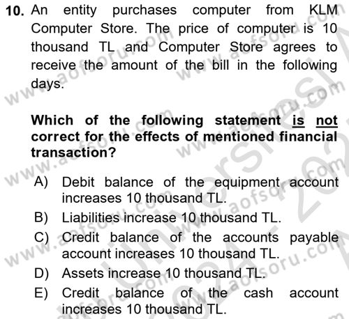 Accounting 1 Dersi 2024 - 2025 Yılı (Vize) Ara Sınav Soruları 10. Soru