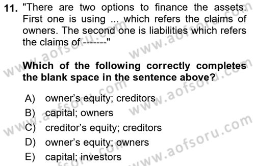 Accounting 1 Dersi 2024 - 2025 Yılı (Vize) Ara Sınavı 11. Soru