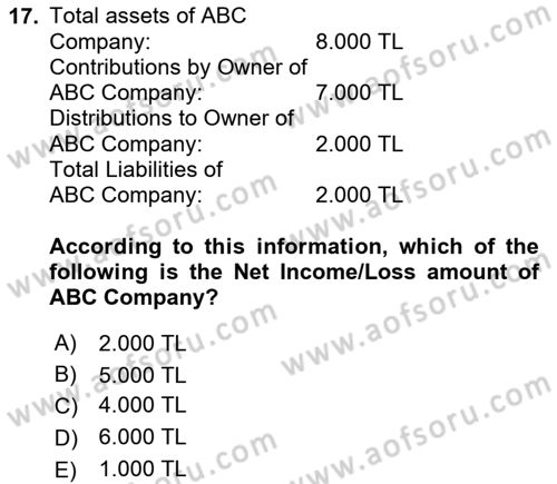 Accounting 1 Dersi 2024 - 2025 Yılı (Vize) Ara Sınavı 17. Soru