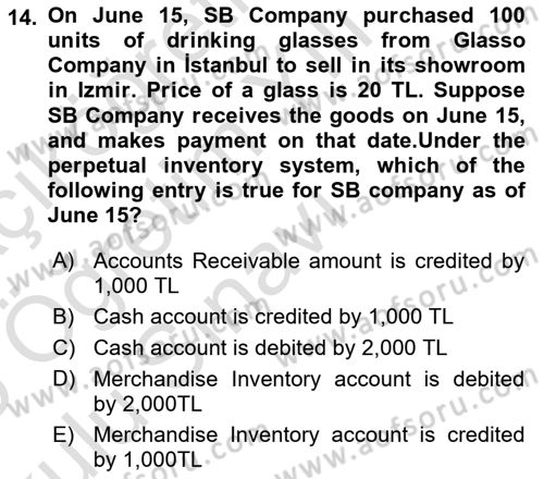 Accounting 1 Dersi 2024 - 2025 Yılı Yaz Okulu Sınav Soruları 14. Soru
