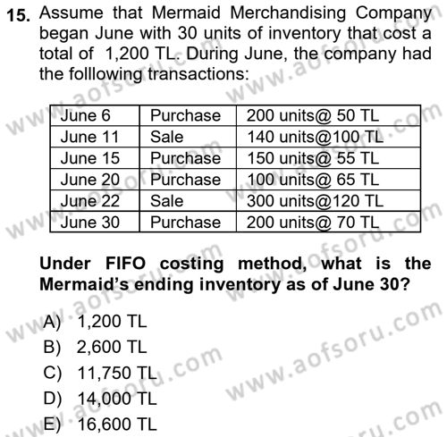 Accounting 1 Dersi 2024 - 2025 Yılı Yaz Okulu Sınav Soruları 15. Soru