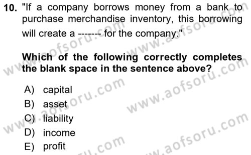 Accounting 1 Dersi 2025 - 2026 Yılı (Vize) Ara Sınav Soruları 10. Soru