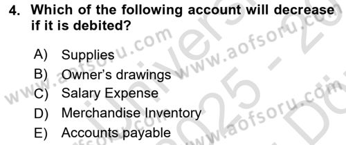 Accounting 1 Dersi 2025 - 2026 Yılı (Vize) Ara Sınav Soruları 4. Soru
