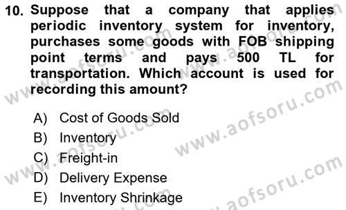 Accounting 1 Dersi 2025 - 2026 Yılı (Final) Dönem Sonu Sınav Soruları 10. Soru