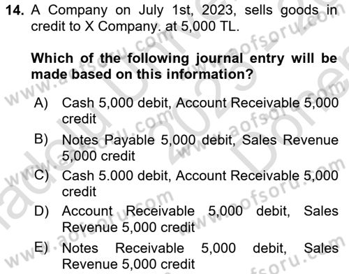 Accounting 1 Dersi 2025 - 2026 Yılı (Final) Dönem Sonu Sınav Soruları 14. Soru