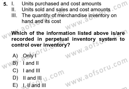 Accounting 1 Dersi 2025 - 2026 Yılı (Final) Dönem Sonu Sınav Soruları 5. Soru