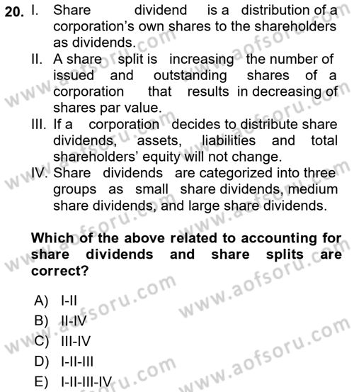 Accounting 2 Dersi 2018 - 2019 Yılı (Final) Dönem Sonu Sınav Soruları 20. Soru