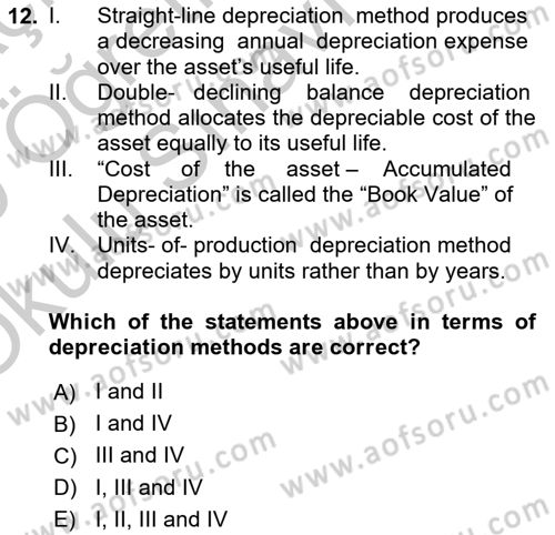 Accounting 2 Dersi 2018 - 2019 Yılı Yaz Okulu Sınav Soruları 12. Soru