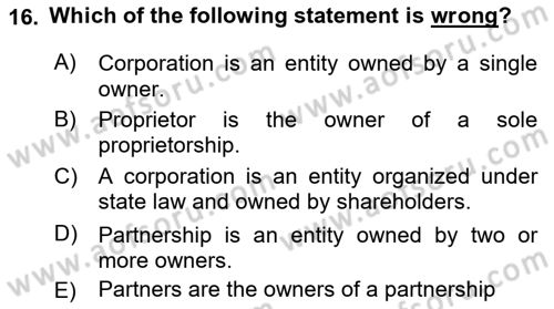 Accounting 2 Dersi 2020 - 2021 Yılı Yaz Okulu Sınav Soruları 16. Soru