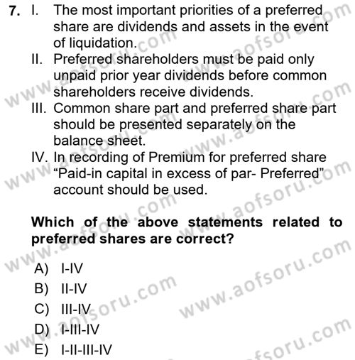Accounting 2 Dersi 2021 - 2022 Yılı (Final) Dönem Sonu Sınav Soruları 7. Soru
