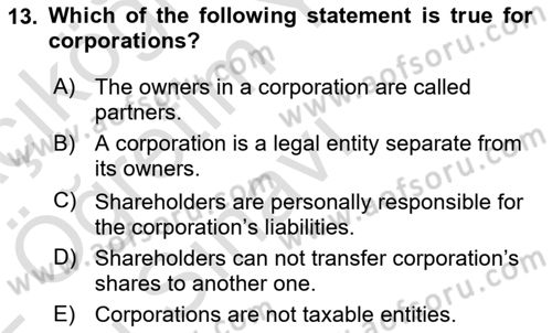 Accounting 2 Dersi 2021 - 2022 Yılı Yaz Okulu Sınav Soruları 13. Soru