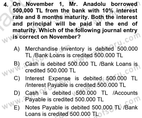 Accounting 2 Dersi 2021 - 2022 Yılı Yaz Okulu Sınav Soruları 4. Soru