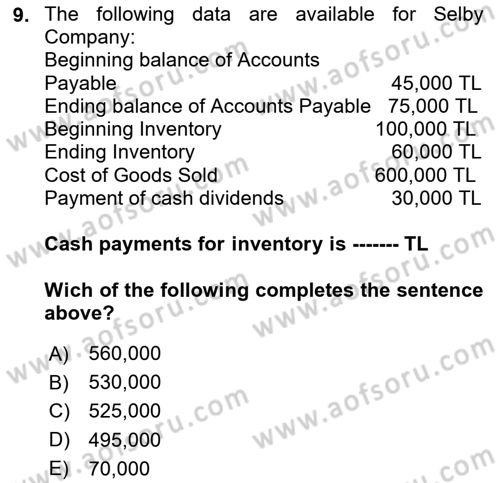 Accounting 2 Dersi 2021 - 2022 Yılı Yaz Okulu Sınav Soruları 9. Soru