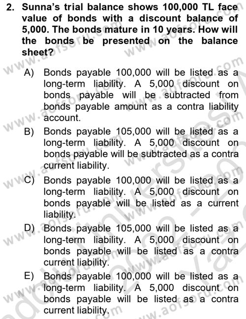 Accounting 2 Dersi 2022 - 2023 Yılı Yaz Okulu Sınav Soruları 2. Soru