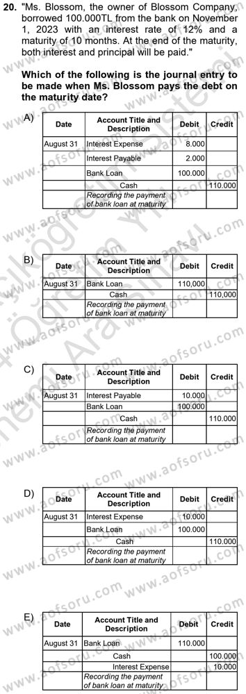 Accounting 2 Dersi 2023 - 2024 Yılı (Vize) Ara Sınav Soruları 20. Soru