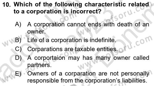 Accounting 2 Dersi 2023 - 2024 Yılı (Final) Dönem Sonu Sınav Soruları 10. Soru