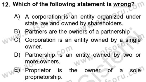 Accounting 2 Dersi 2023 - 2024 Yılı (Final) Dönem Sonu Sınav Soruları 12. Soru