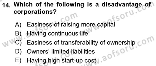 Accounting 2 Dersi 2023 - 2024 Yılı (Final) Dönem Sonu Sınav Soruları 14. Soru