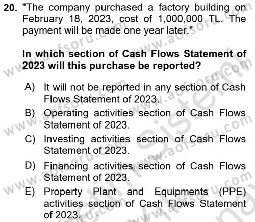 Accounting 2 Dersi 2023 - 2024 Yılı (Final) Dönem Sonu Sınav Soruları 20. Soru