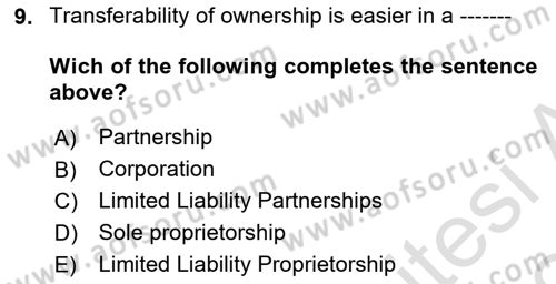 Accounting 2 Dersi 2023 - 2024 Yılı (Final) Dönem Sonu Sınav Soruları 9. Soru