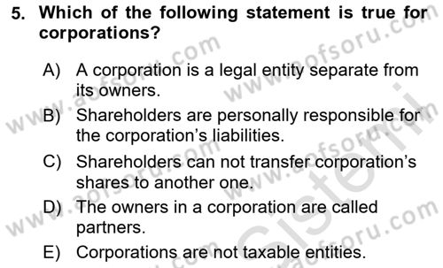 Accounting 2 Dersi 2023 - 2024 Yılı Yaz Okulu Sınav Soruları 5. Soru