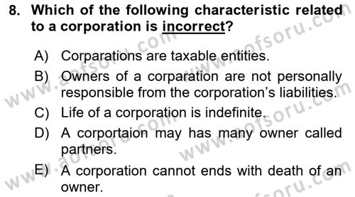 Accounting 2 Dersi 2023 - 2024 Yılı Yaz Okulu Sınav Soruları 8. Soru